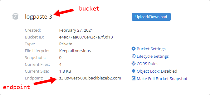 Screenshot of bucket settings in Backblaze B2