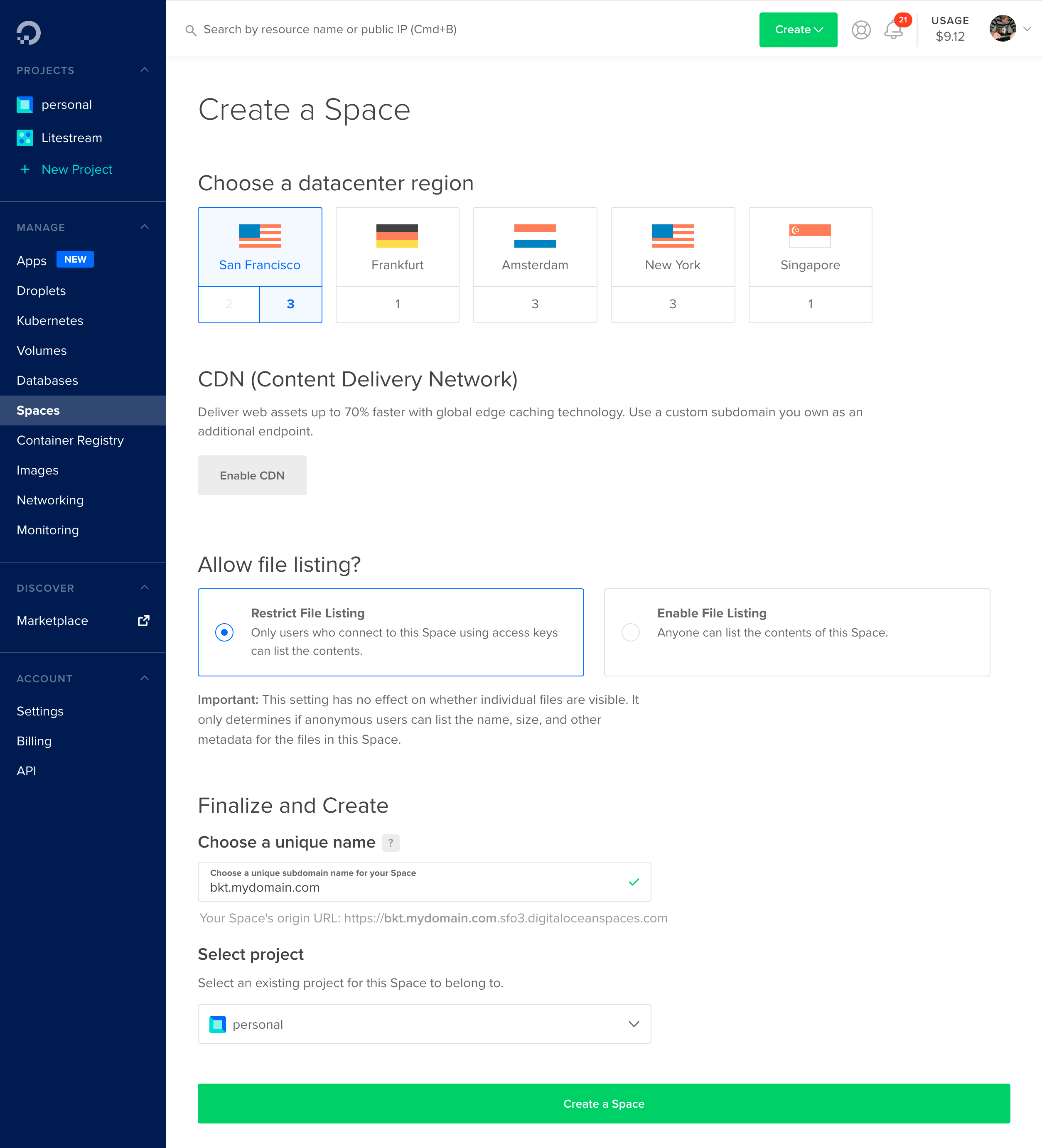 Screenshot of DigitalOcean create space UI