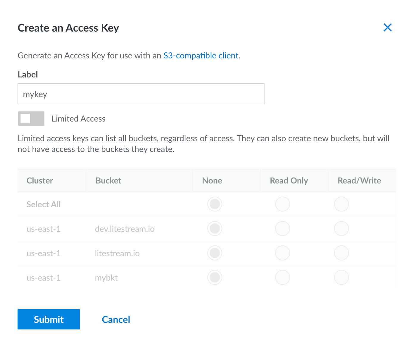 Screenshot of Linode access key creation UI