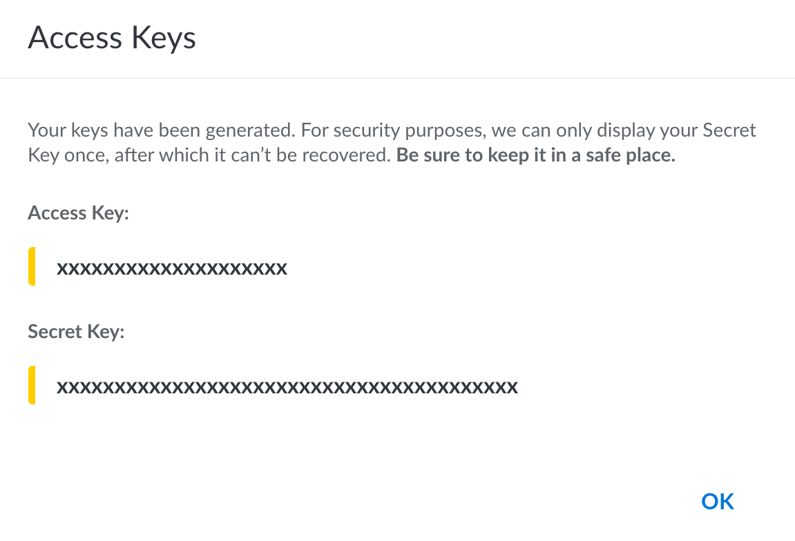 Screenshot of Linode access key and secret key after creation