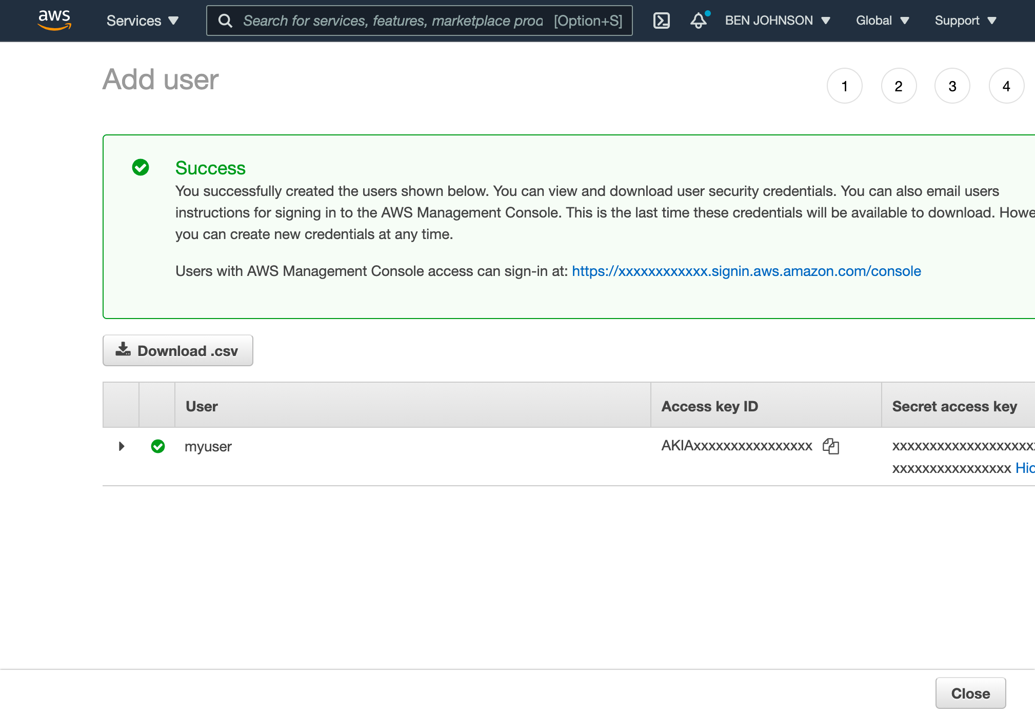 Screenshot of AWS credentials for created user