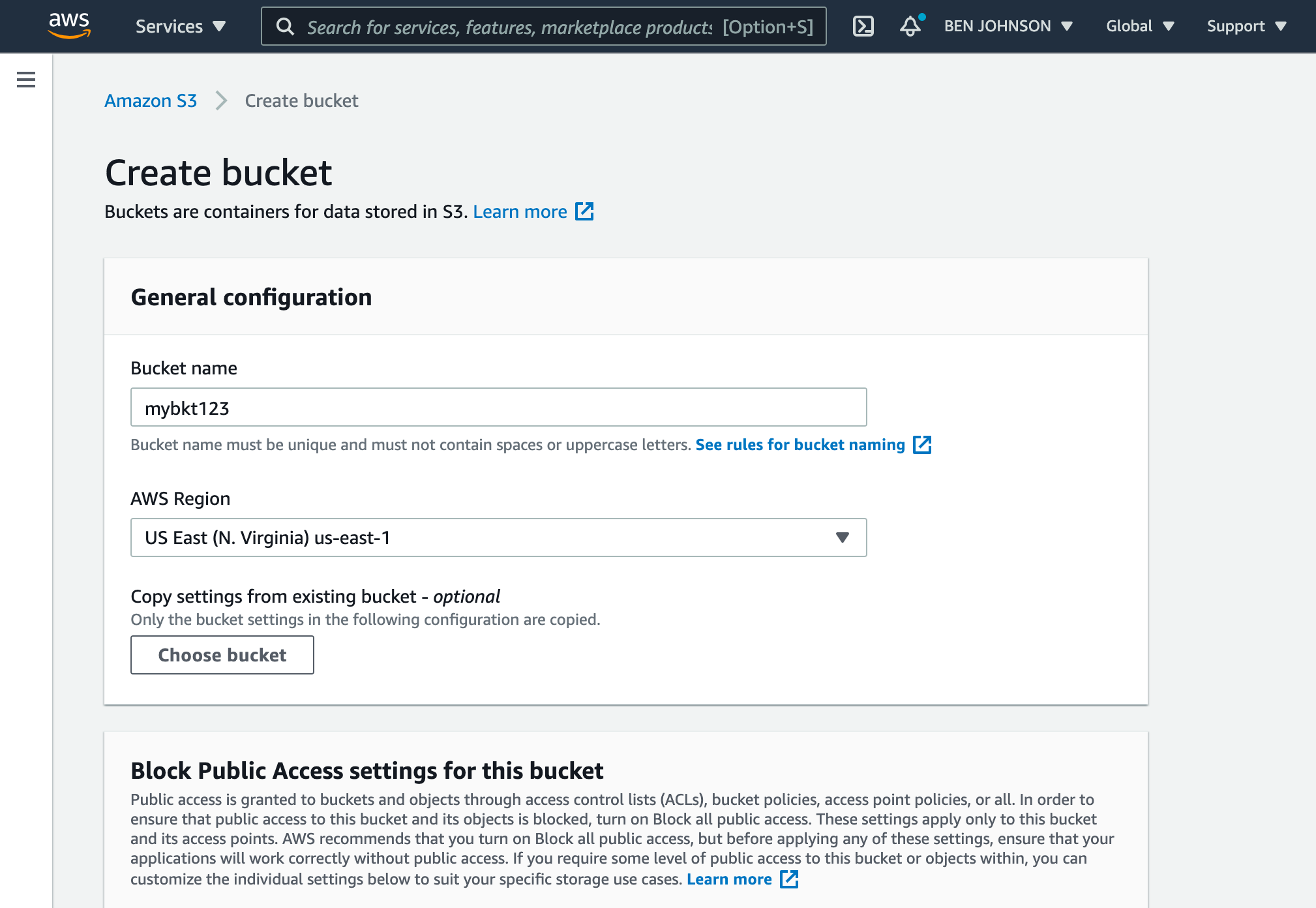 Screenshot of AWS S3 create bucket UI