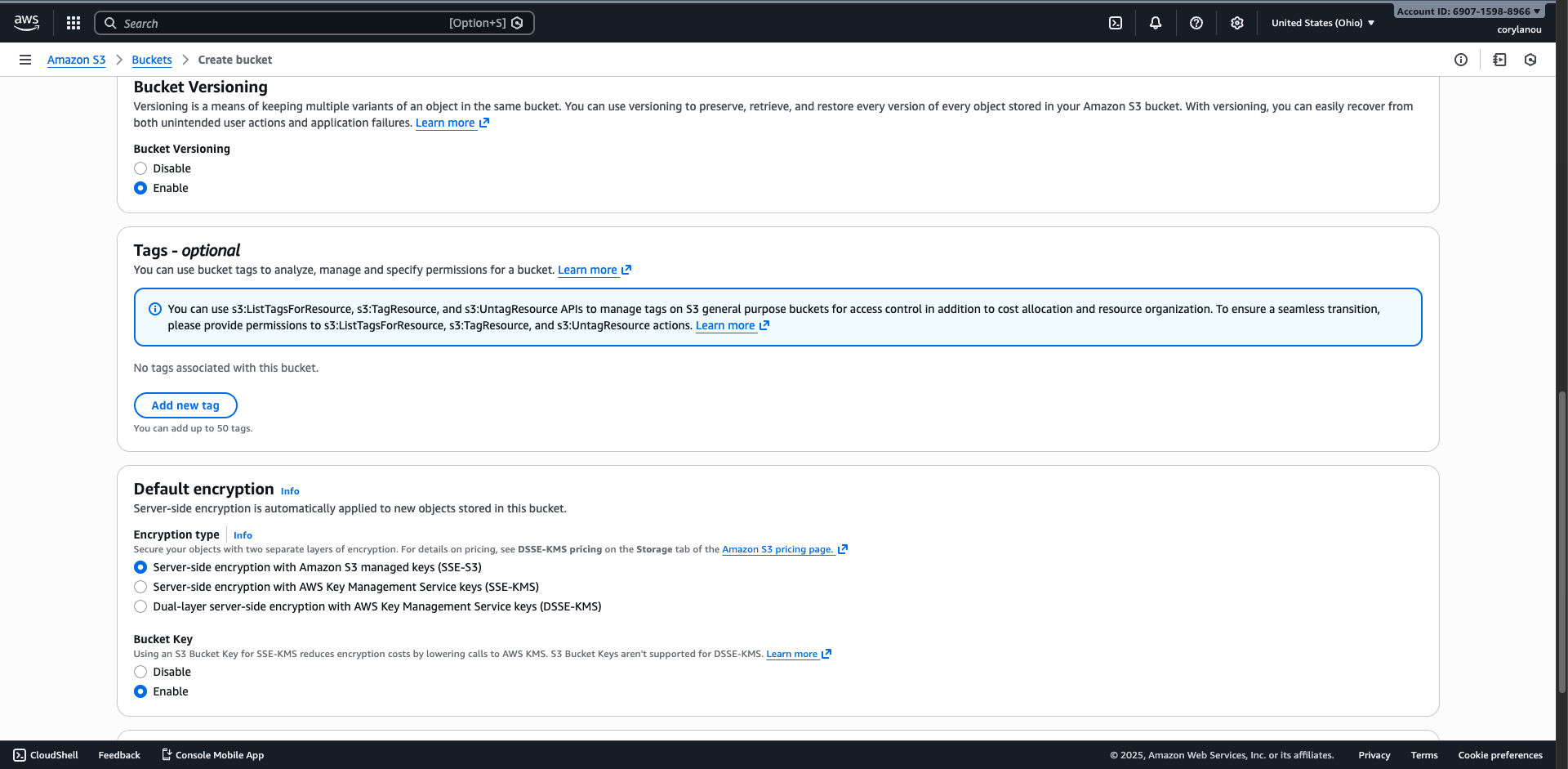 Screenshot of AWS S3 bucket versioning setting