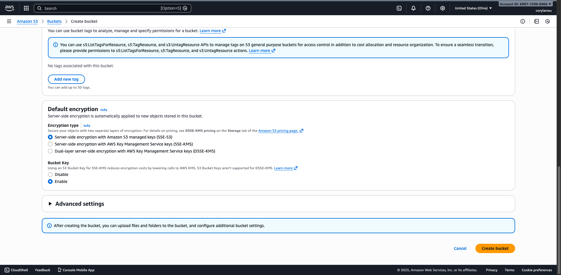 Screenshot of AWS S3 default encryption setting