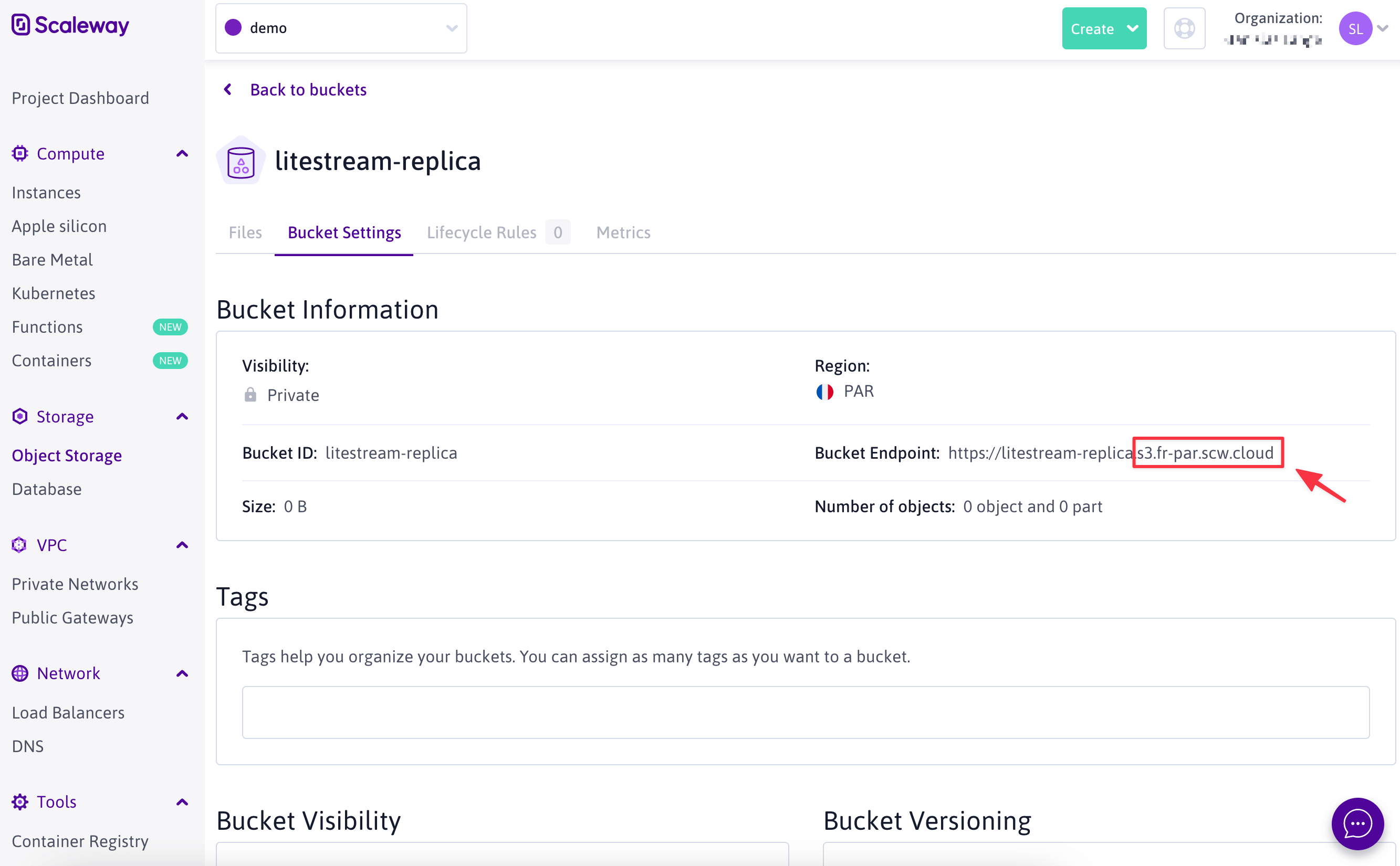 Screenshot of Scaleway bucket settings UI