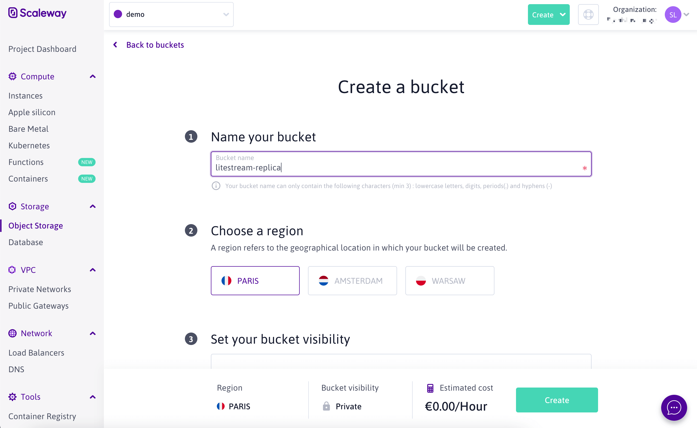 Screenshot of Scaleway create bucket UI