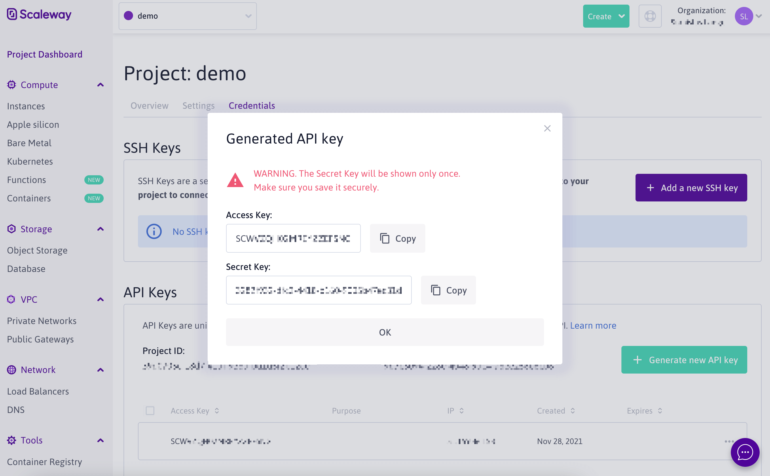 Screenshot of Scaleway key creation