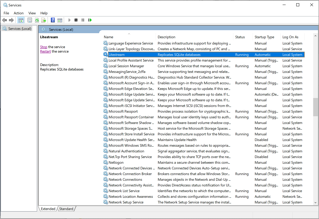 Screenshot of Windows Services application