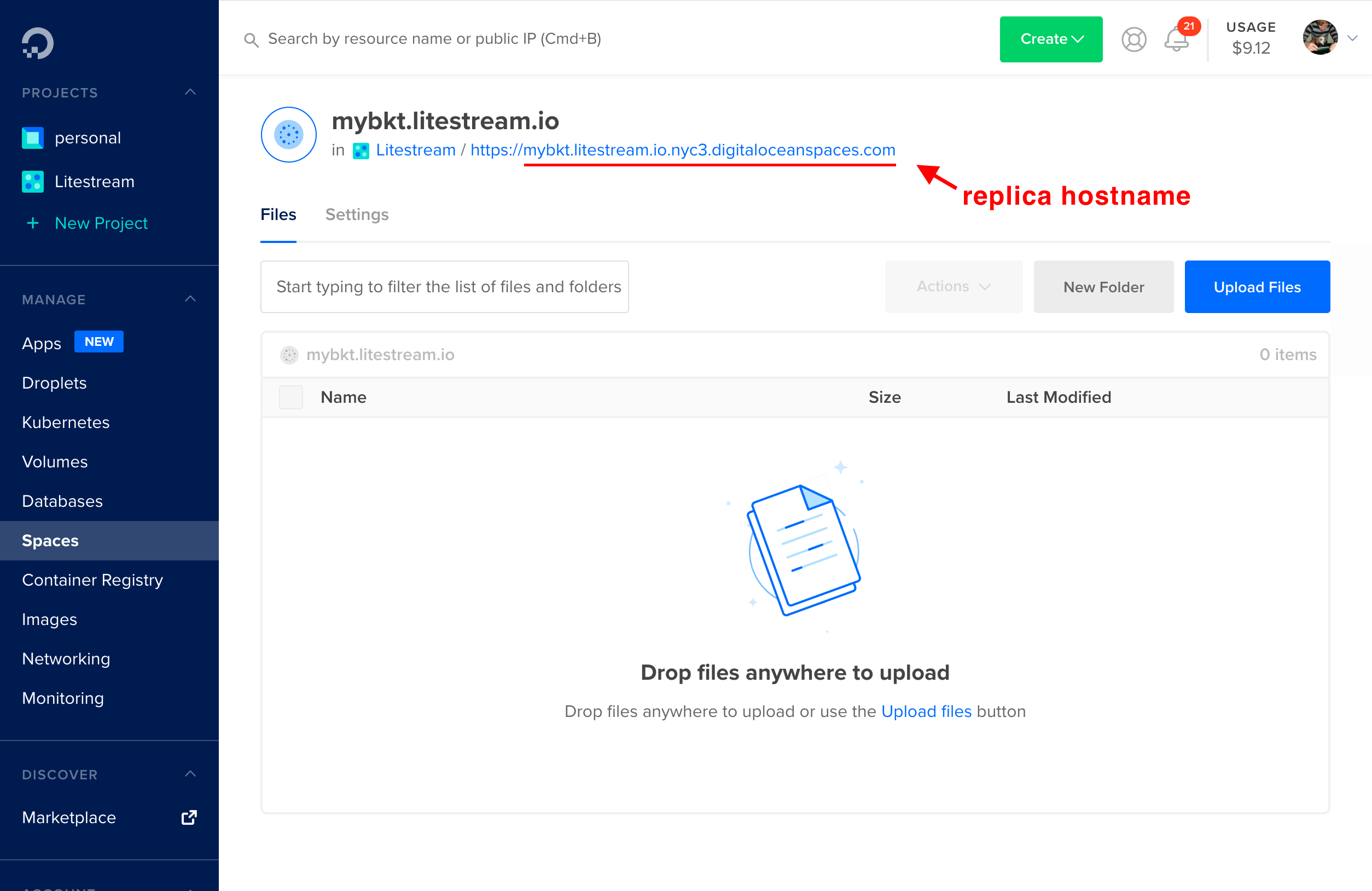 Screenshot of DigitalOcean space UI