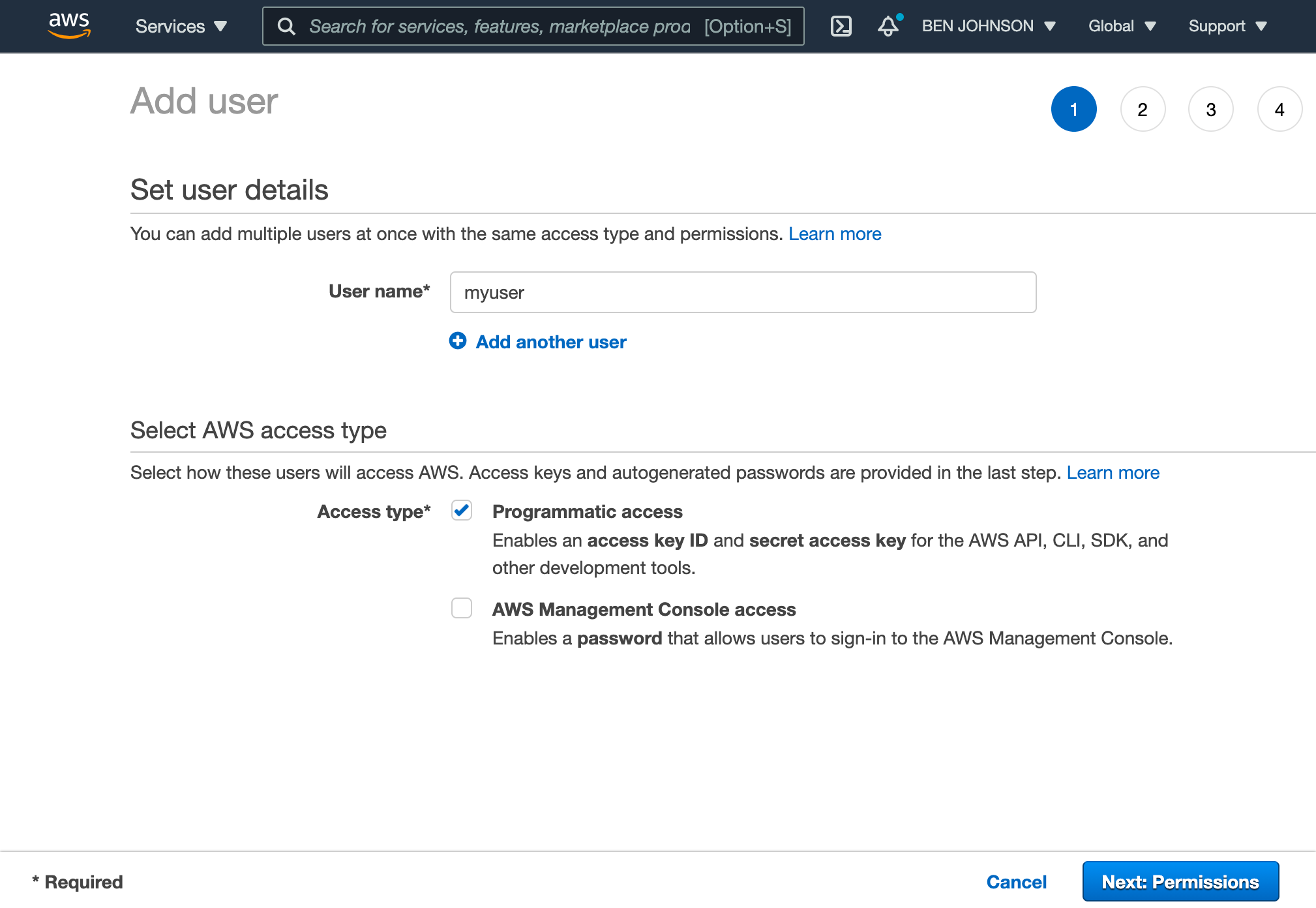 Screenshot of creating an IAM user