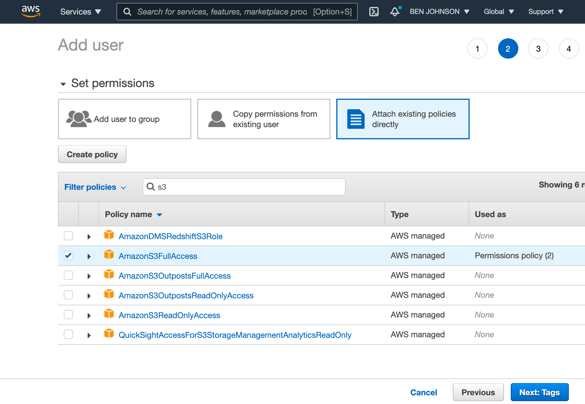 Screenshot of attaching policy to IAM user
